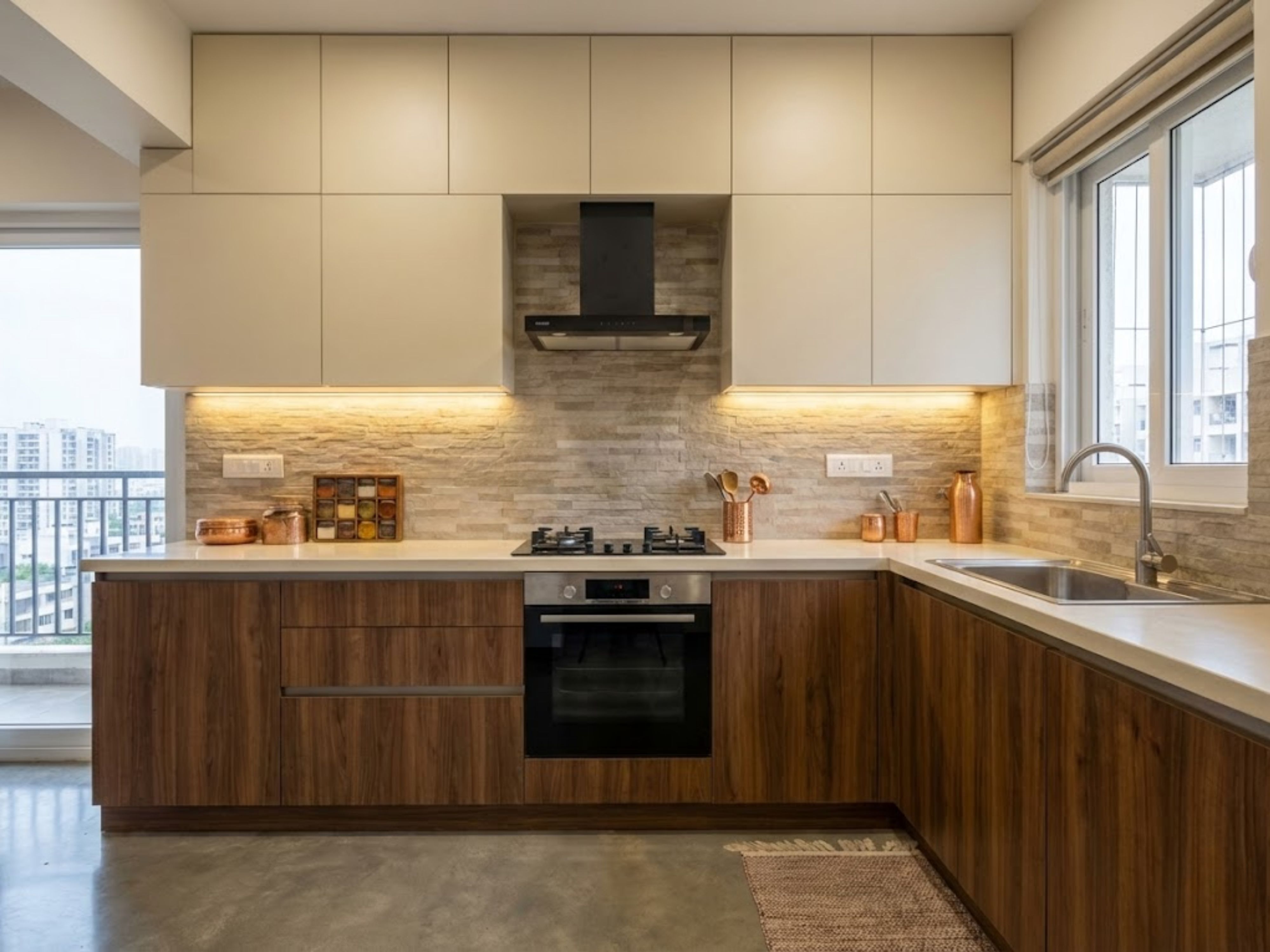 L shaped kitchen with wooden cabinets and lighting - Beautiful Homes
