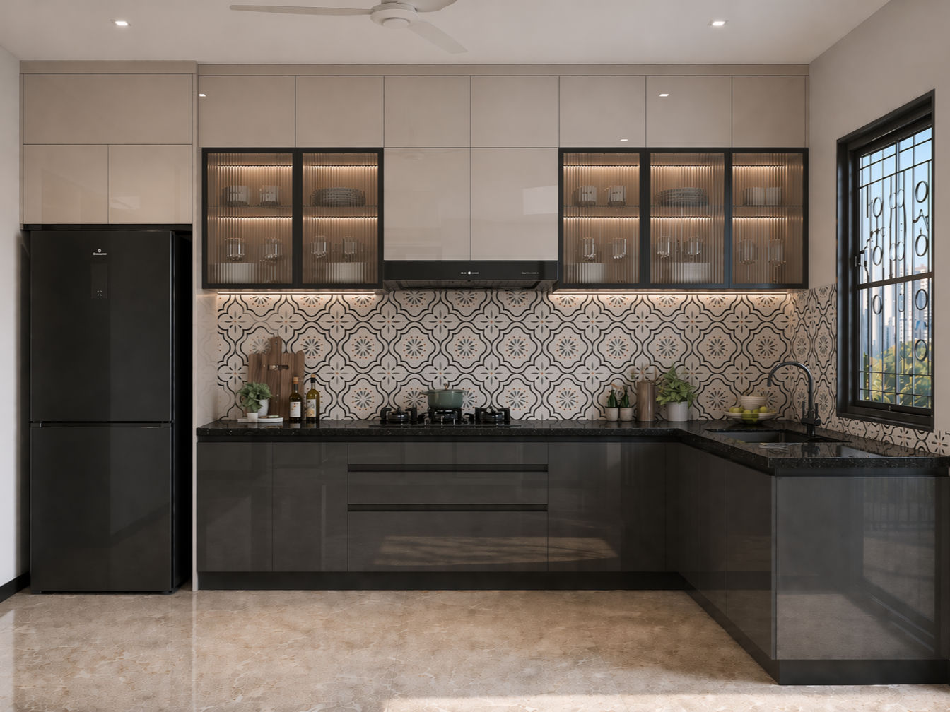 L-shaped kitchen with glossy dark grey base cabinets, beige wall units, black stone countertop, fluted glass display cabinets, and a patterned tile backsplash - Beautiful Homes