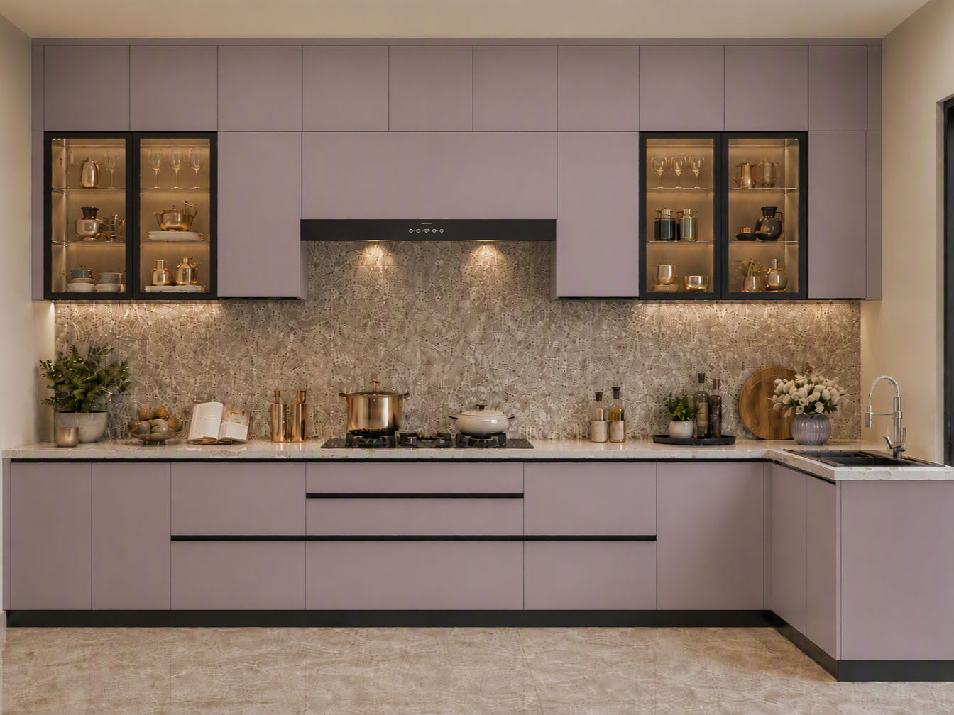 Modern L-shaped dusty mauve modular kitchen featuring a textured stone backsplash and illuminated glass upper cabinets - Beautiful Homes