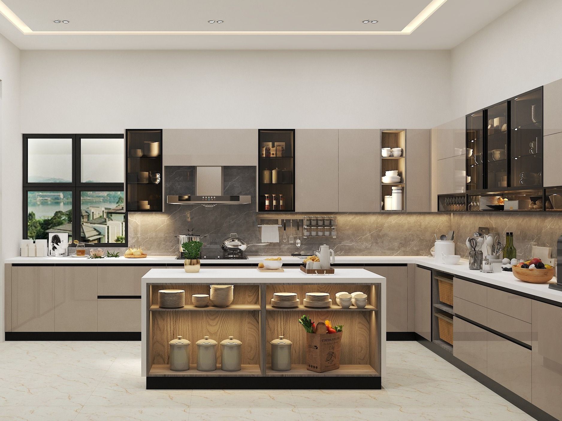 Modern kitchen featuring a central island, glossy beige cabinets, and a marble backsplash - Beautiful Homes