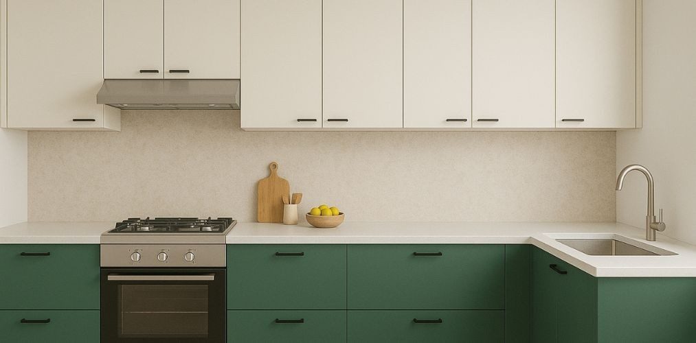 Modern kitchen with green and white cabinets - Beautiful Homes