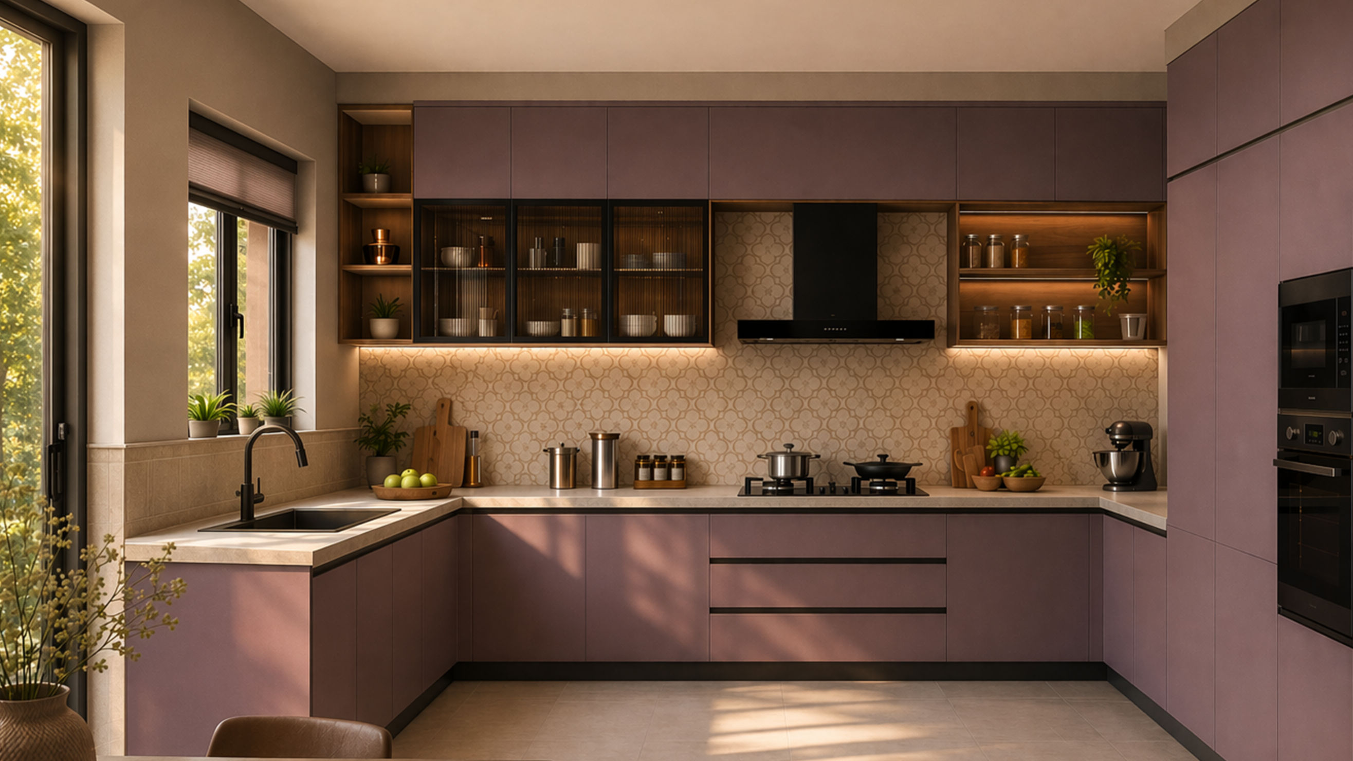 L-shaped kitchen with matte plum cabinetry, light stone countertops, patterned beige backsplash, black fixtures, and wood-accent shelving - Beautiful Homes