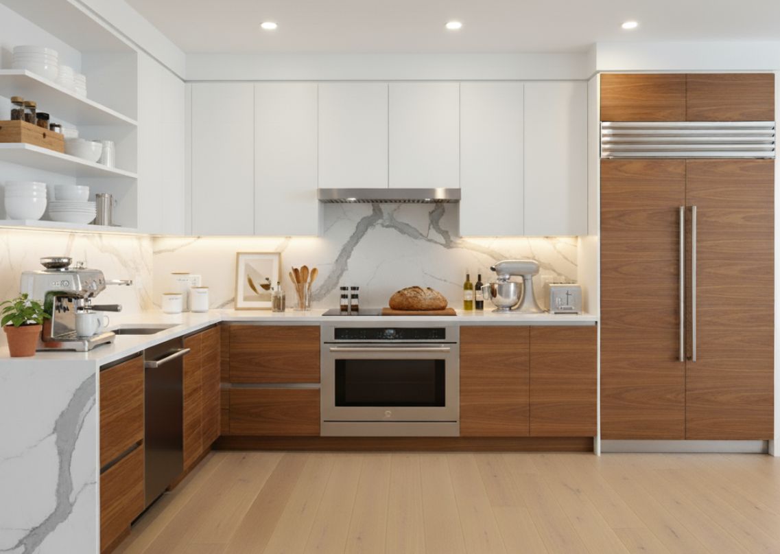 Modern kitchen with marble backsplash and wooden cabinets - Beautiful Homes