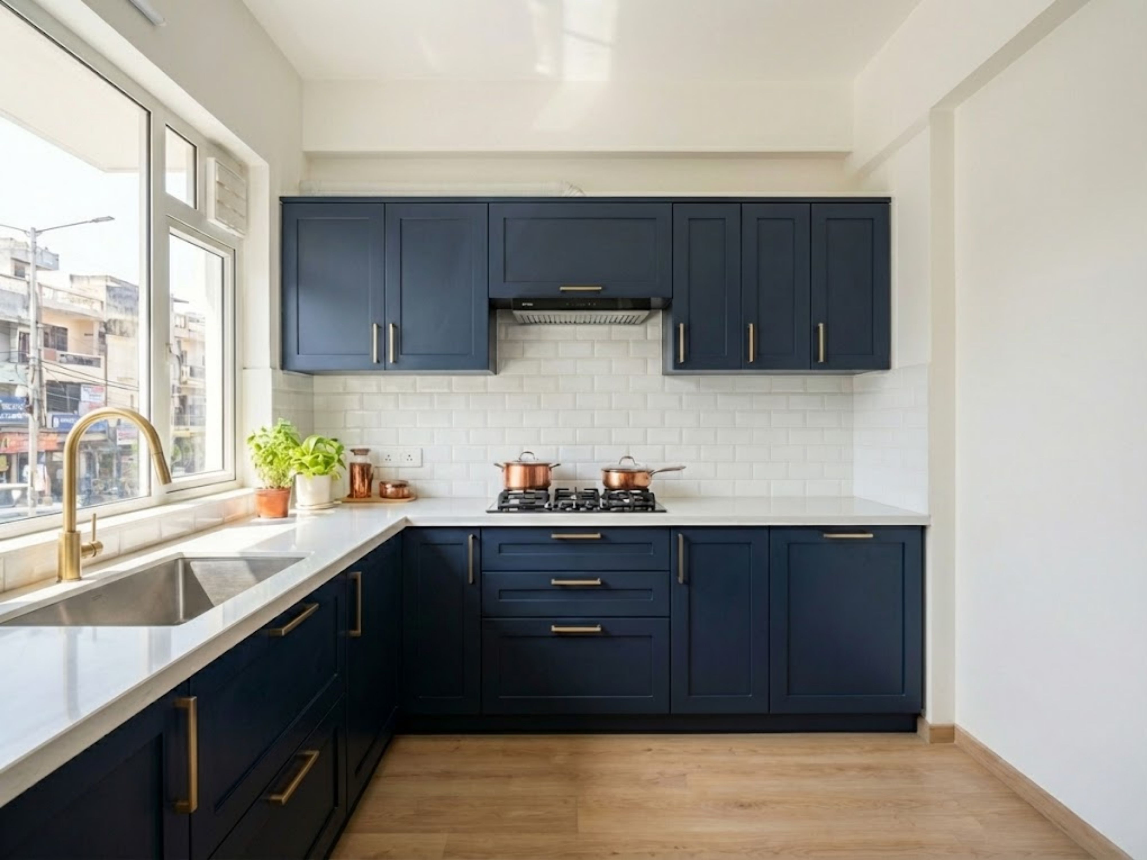 Bright kitchen with navy cabinets and gold accents - Beautiful Homes