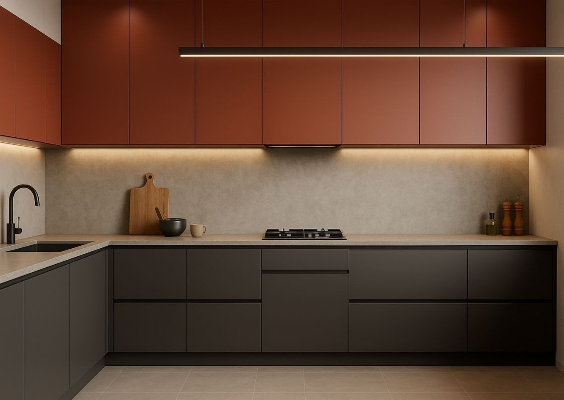 Elegant kitchen with coloured cabinets and lighting - Beautiful Homes