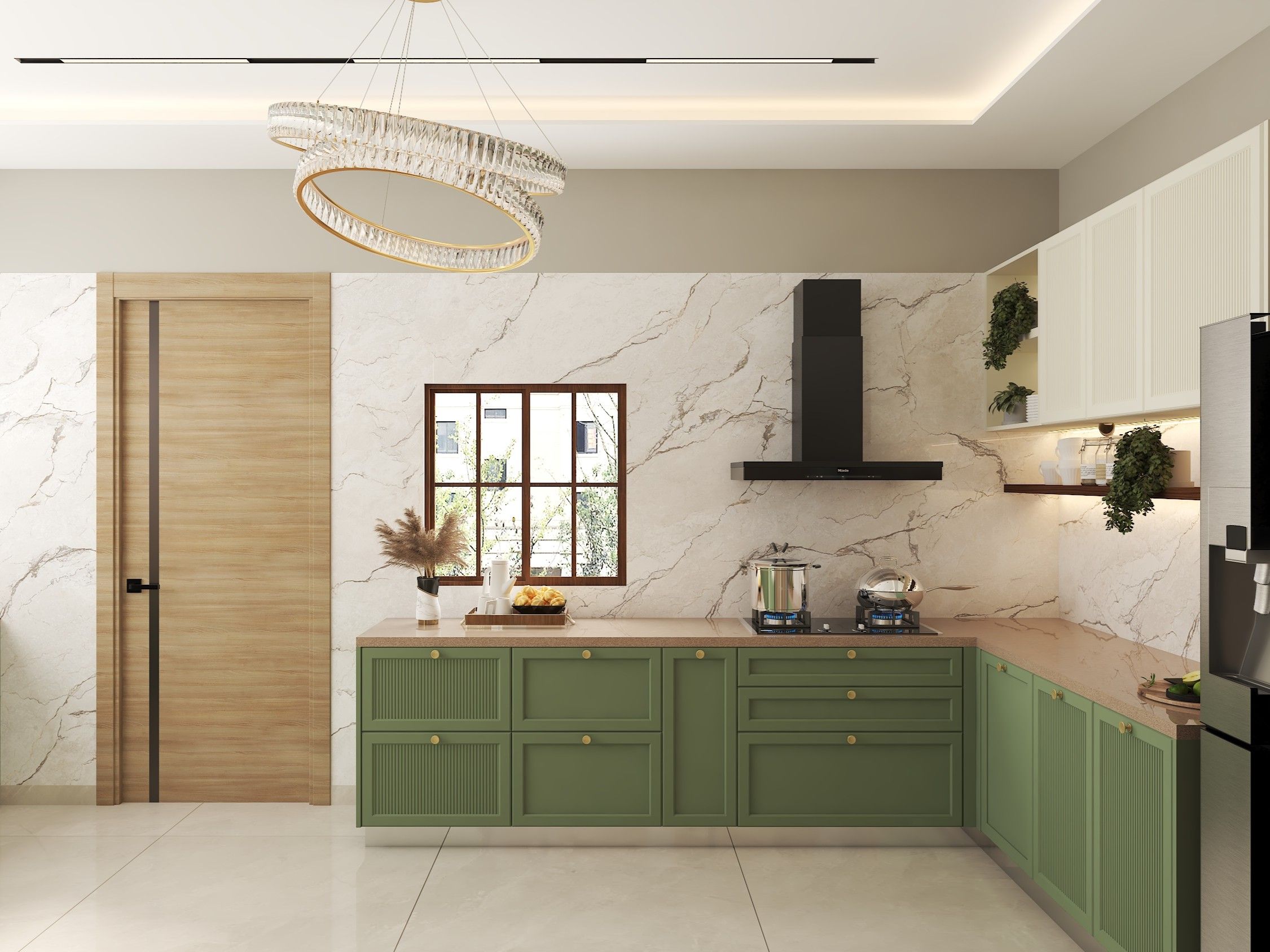 Stylish kitchen featuring olive green cabinets, marble walls, and a crystal chandelier - Beautiful Homes