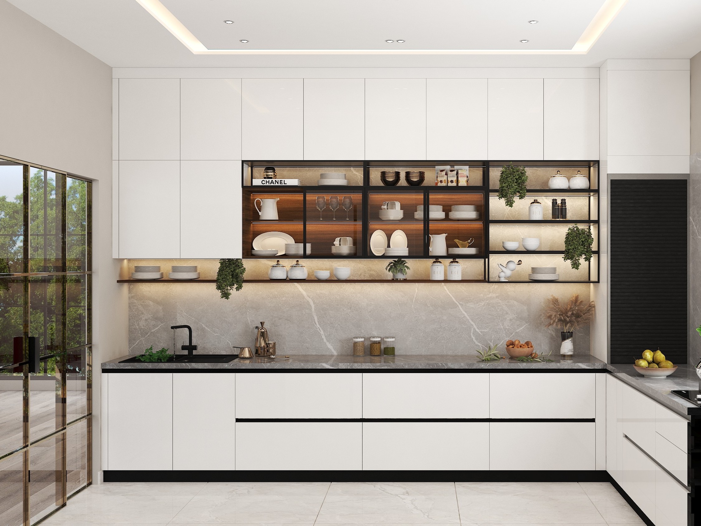 Modern kitchen with white cabinets and marble counters - Beautiful Homes