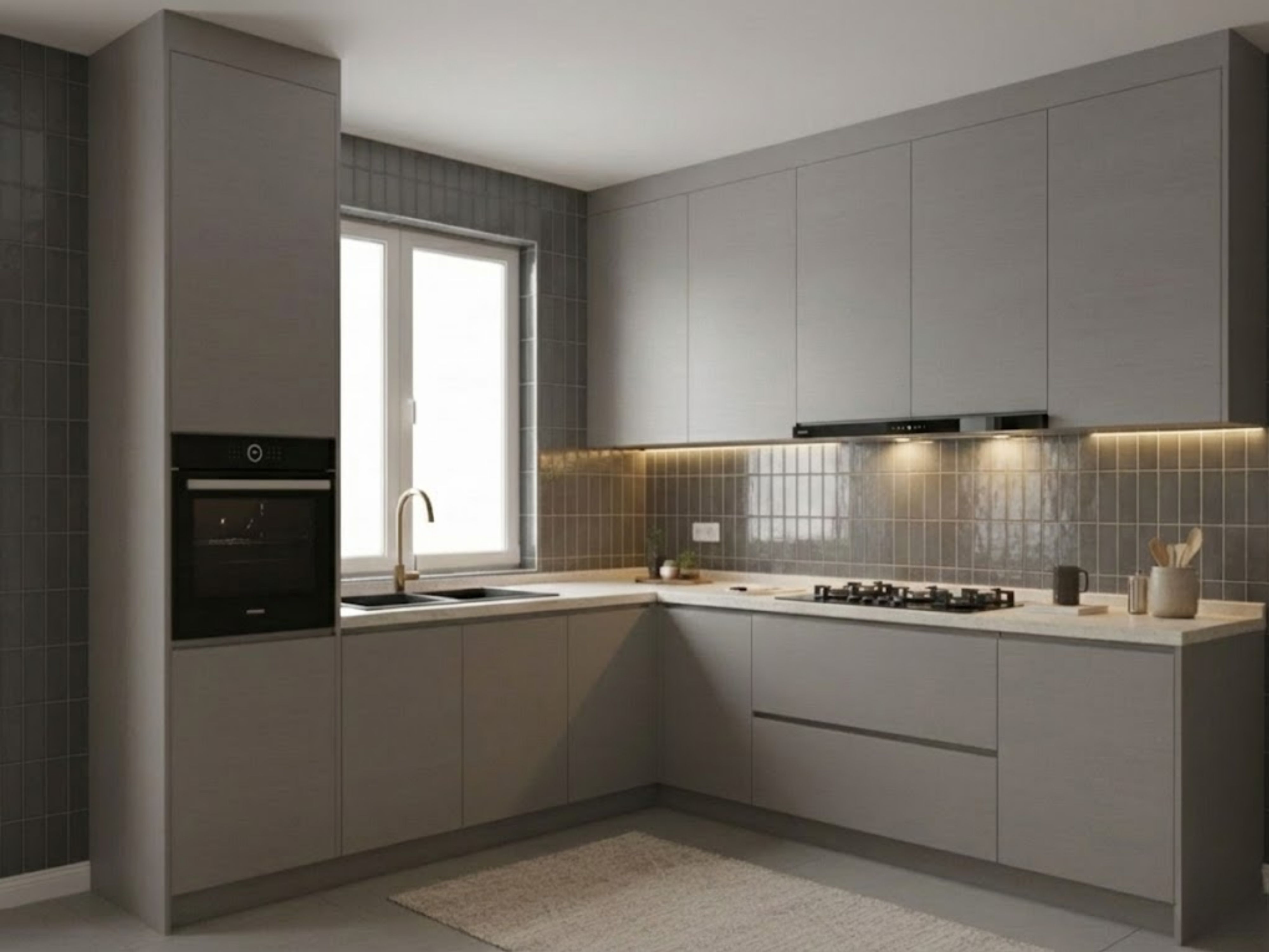 L-shaped kitchen with grey cabinets and marble countertop - Beautiful Homes