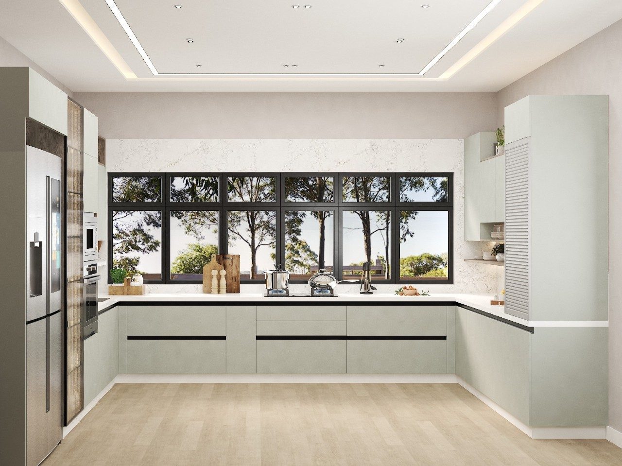 Modern kitchen with green cabinets and large window - Beautiful Homes