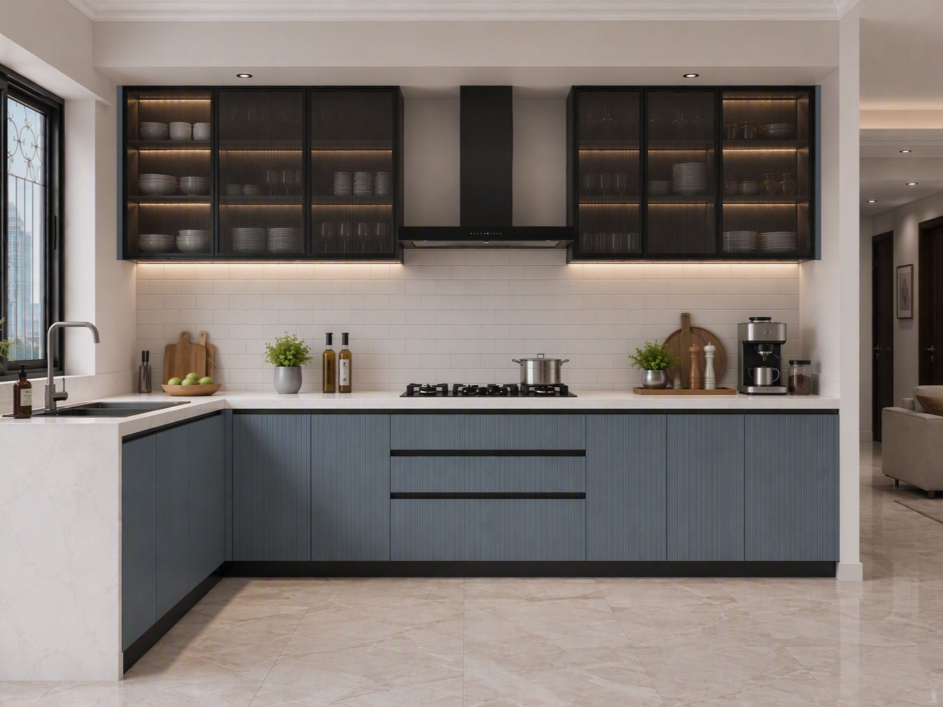 Contemporary kitchen with dusty blue fluted lower cabinets, black-framed ribbed glass wall units, and white marble-look waterfall countertop - Beautiful Homes
