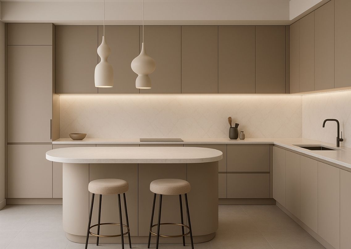 Modern beige kitchen with island and pendant lights - Beautiful Homes