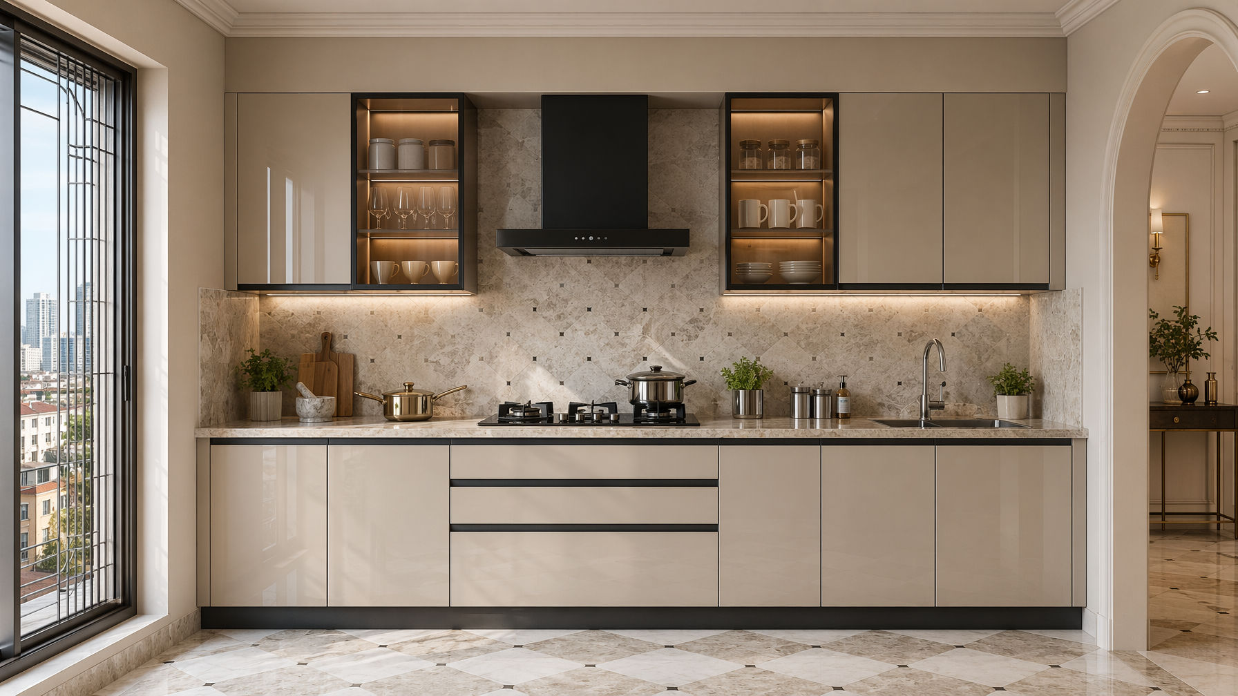 Kitchen with glossy beige cabinetry and black-framed glass display cupboards - Beautiful Homes