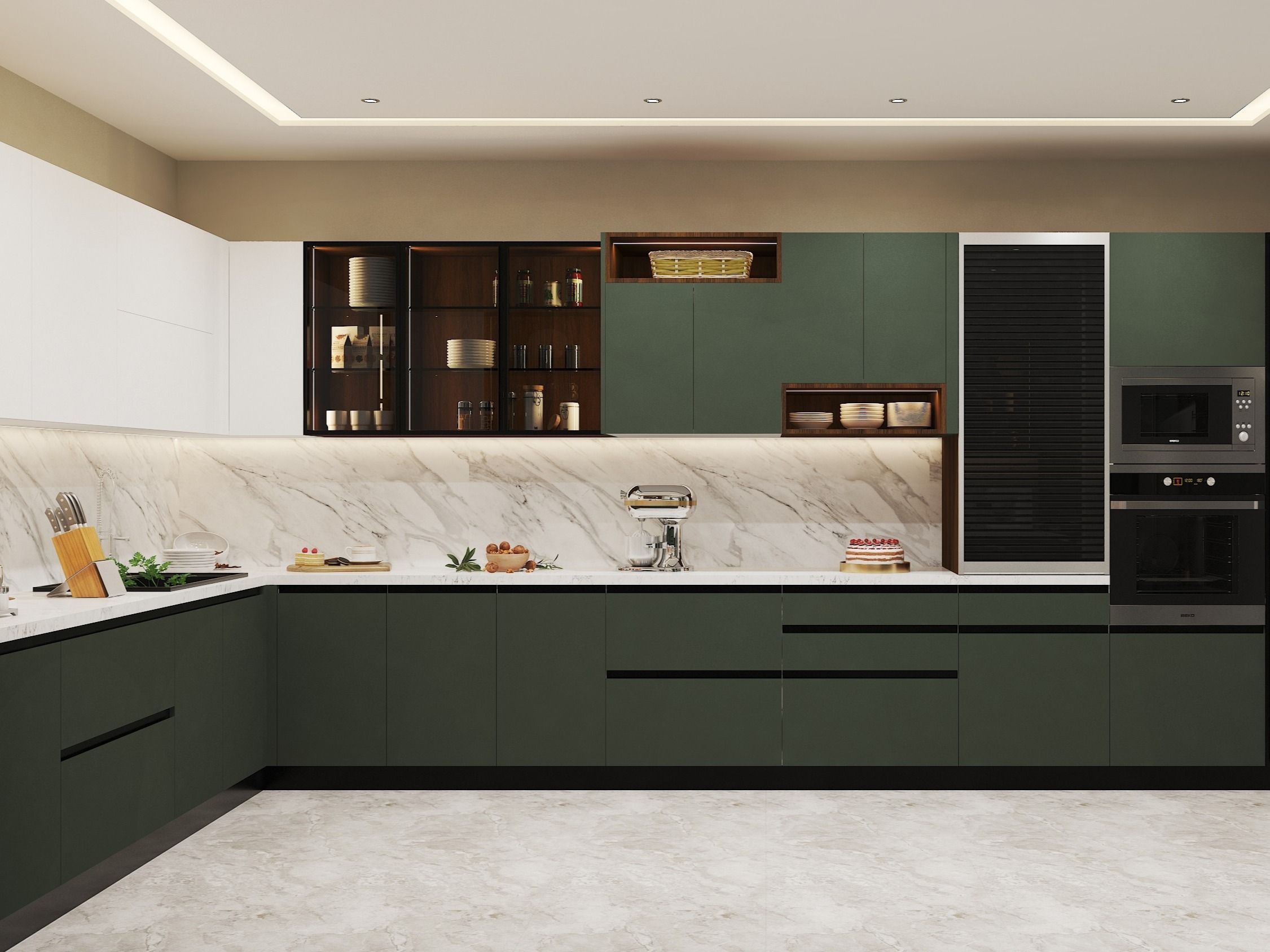 Elegant kitchen featuring forest green cabinets, marble backsplash, and integrated appliances - Beautiful Homes