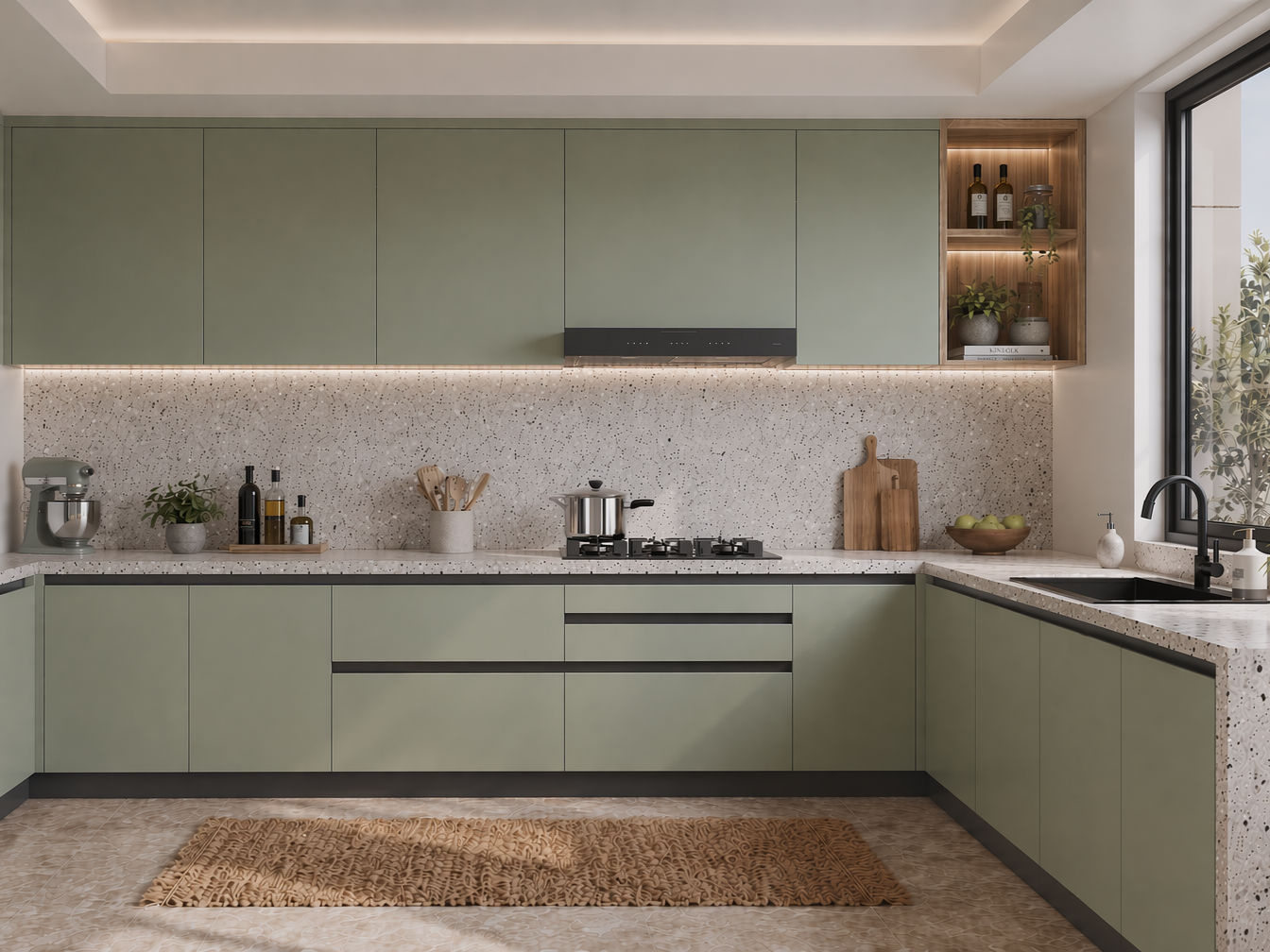 L-shaped kitchen with matte sage green cabinets, speckled terrazzo countertop and backsplash - Beautiful Homes