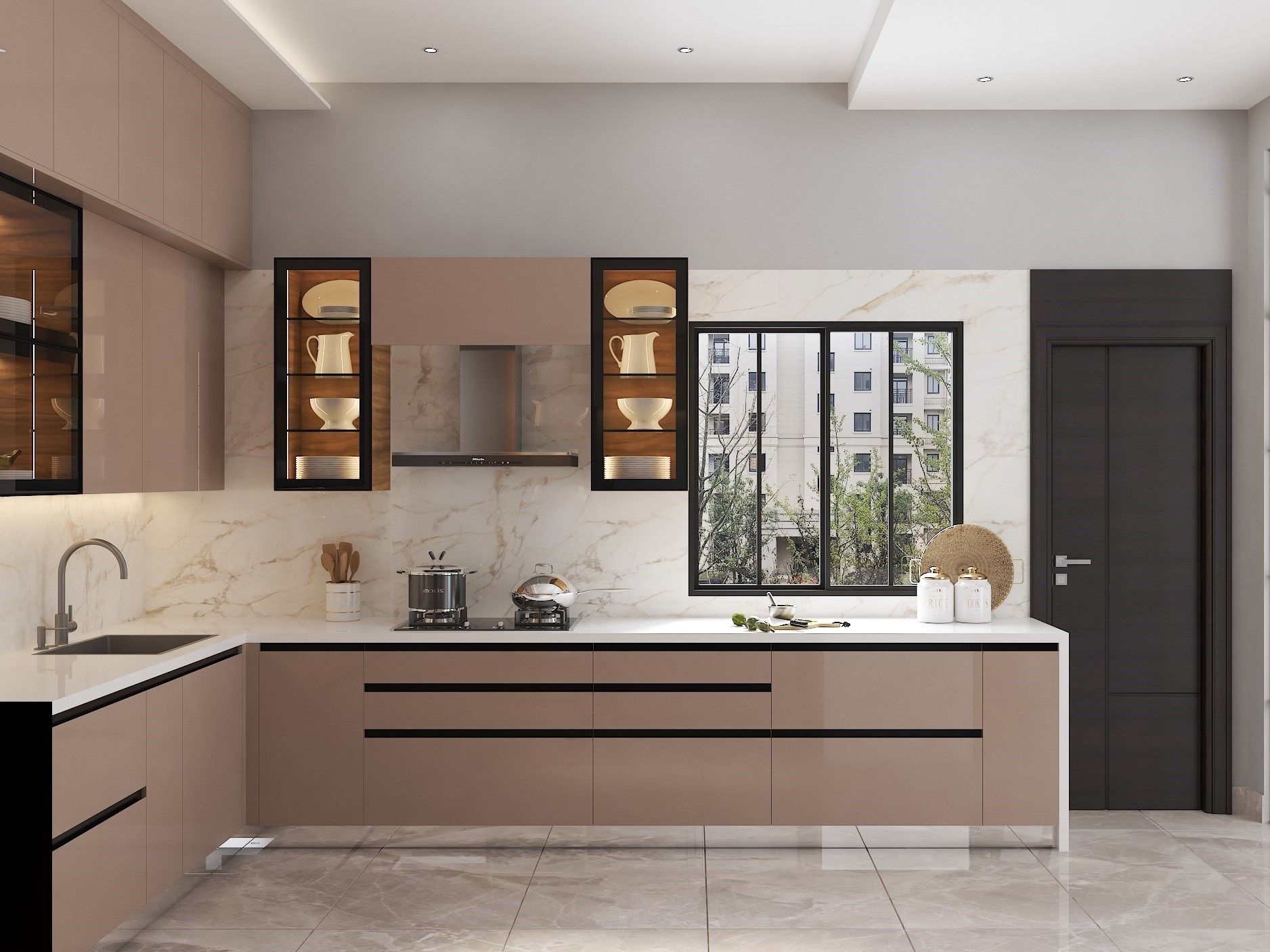 Minimalist L-shaped kitchen featuring taupe cabinets, marble backsplash, and open shelving - Beautiful Homes