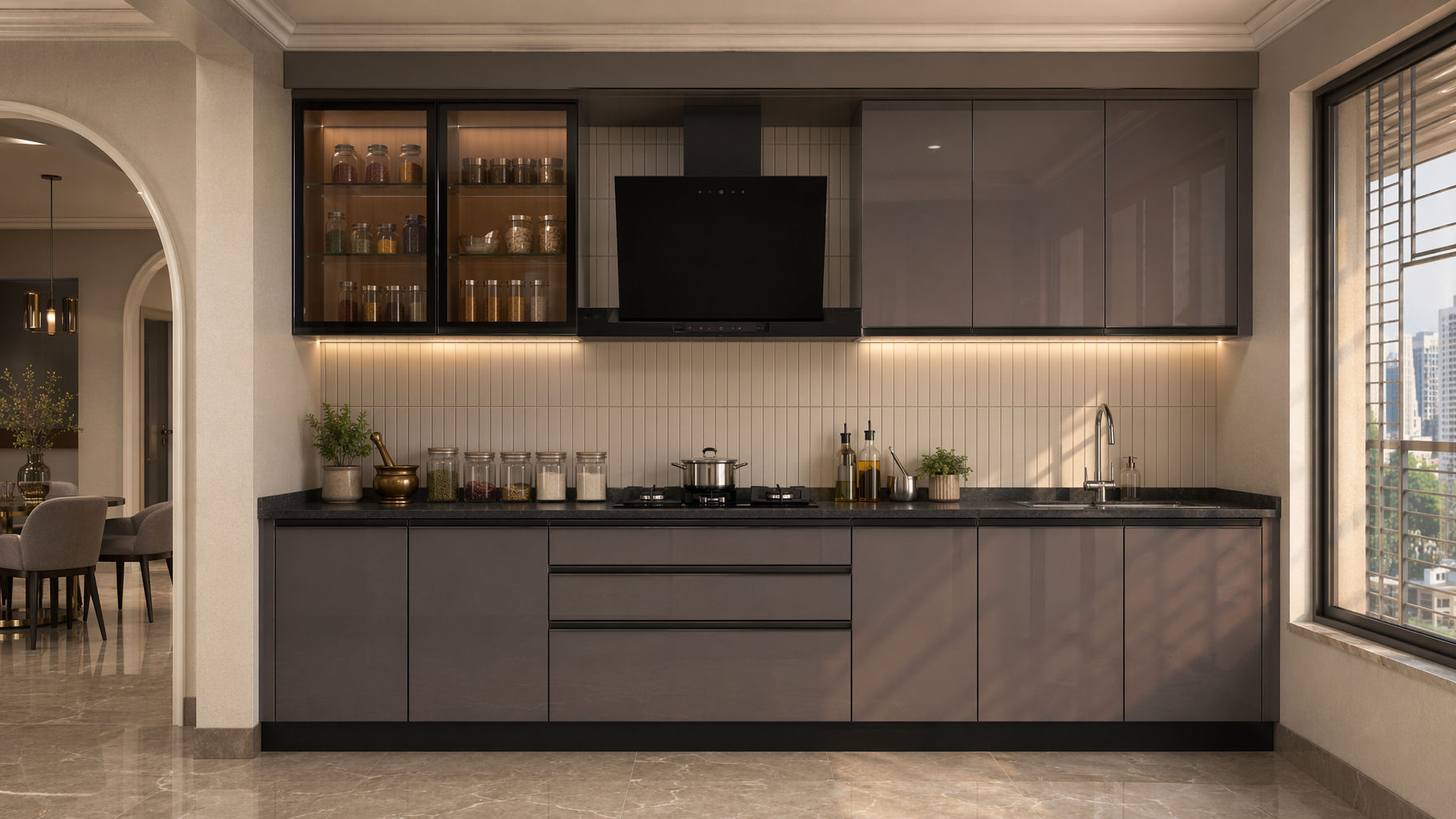 Contemporary kitchen with glossy taupe cabinetry, black-framed glass upper cabinets, and vertical beige tile backsplash - Beautiful Homes