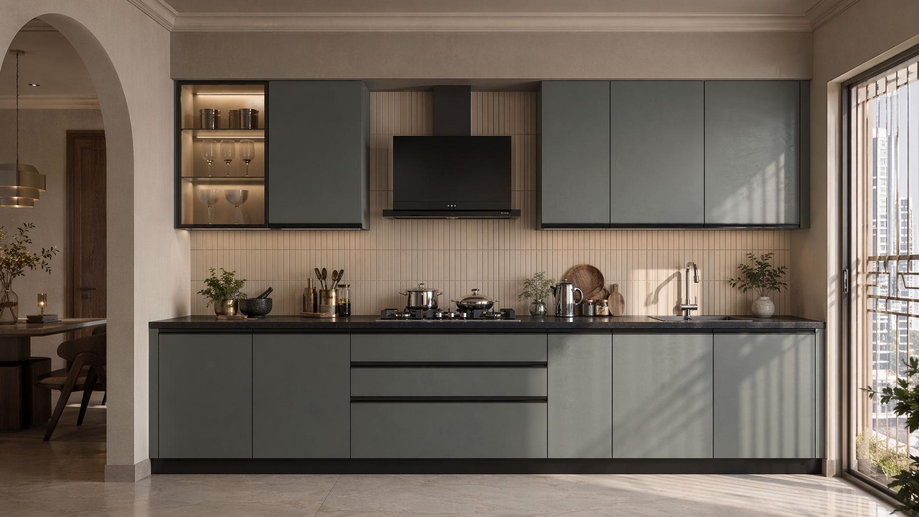 Contemporary kitchen with muted sage green cabinetry, black stone countertop, beige vertical tile backsplash, and glass display cabinet - Beautiful Homes