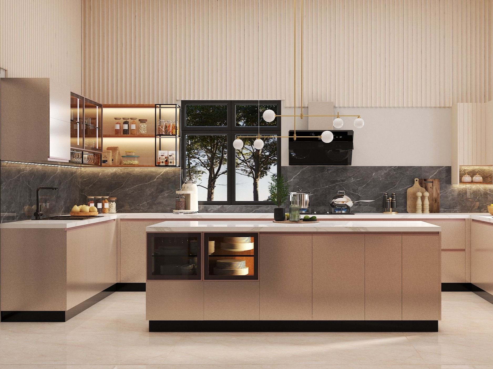 Elegant kitchen featuring a central island, dark marble backsplash, and gold lighting - Beautiful Homes