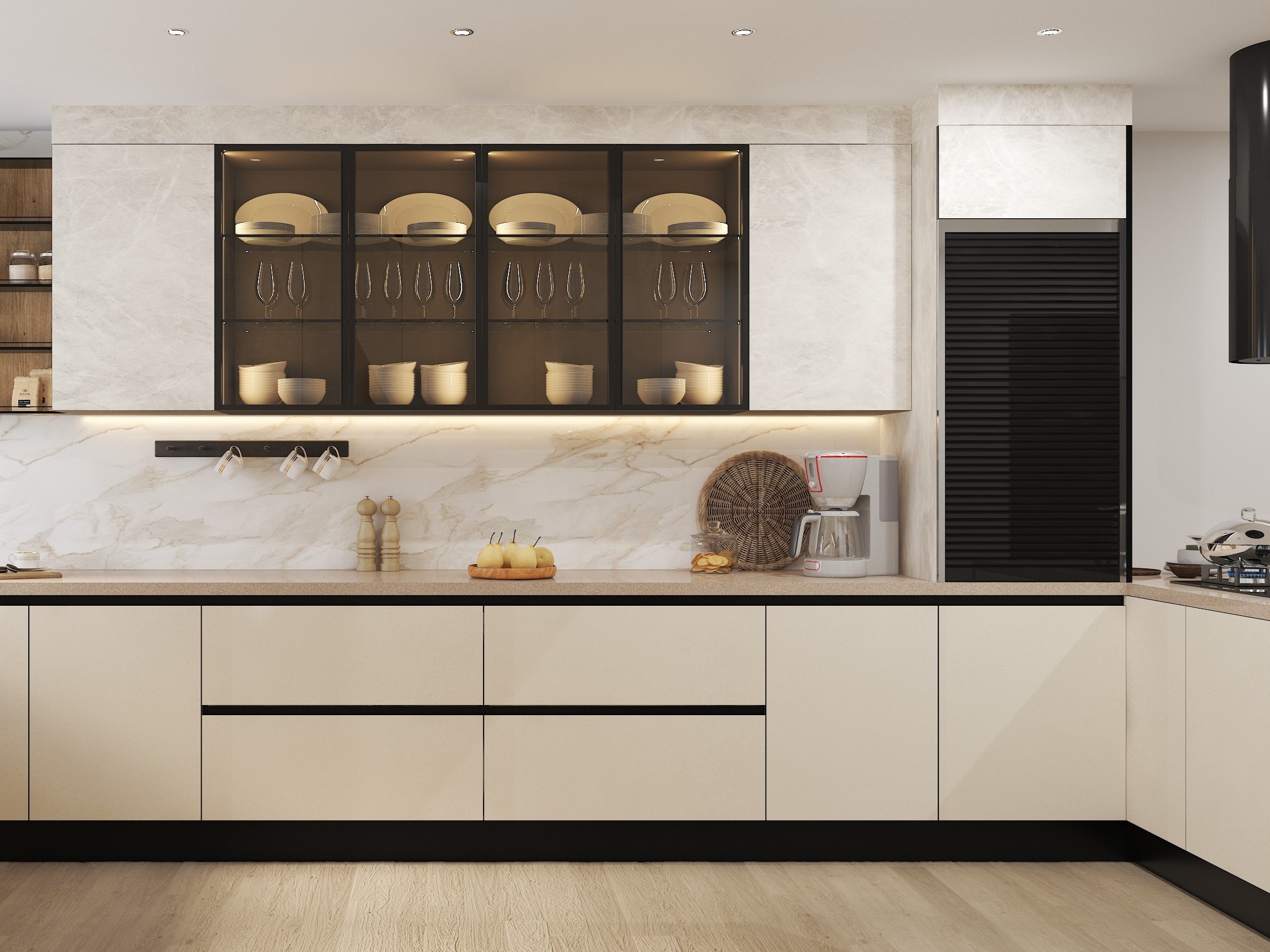 Elegant kitchen with marble and glass cabinets - Beautiful Homes