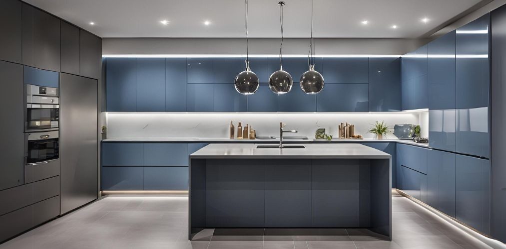 Modern modular blue and grey island kitchen design - Beautiful Homes