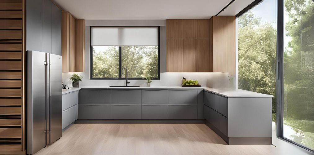 Modern modular grey and wood u-shaped kitchen design	Modern modular grey and wood u-shaped kitchen design - Beautiful Homes