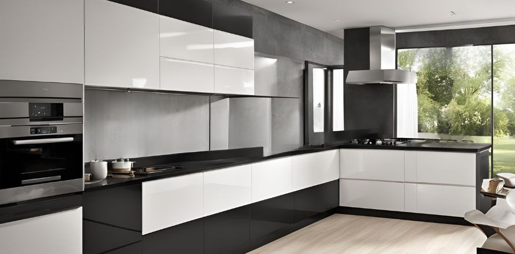 Modern modular open kitchen design with black and white cabinets - Beautiful Homes