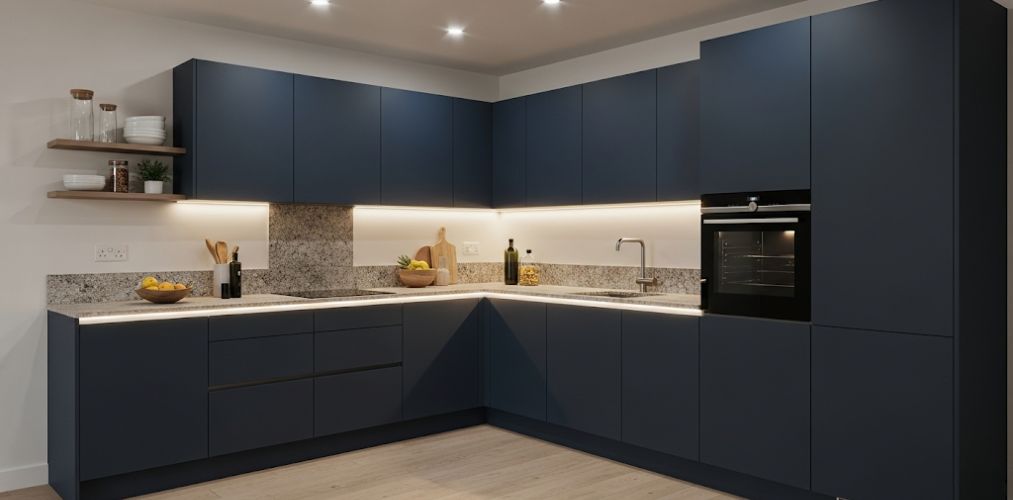 Contemporary kitchen with navy cabinets and granite finish - Beautiful Homes