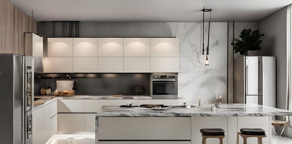 Modern off-white island kitchen with marble countertop - Beautiful Homes