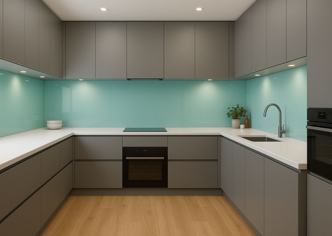Grey modular kitchen with pastel backsplash and white counters - Beautiful Homes