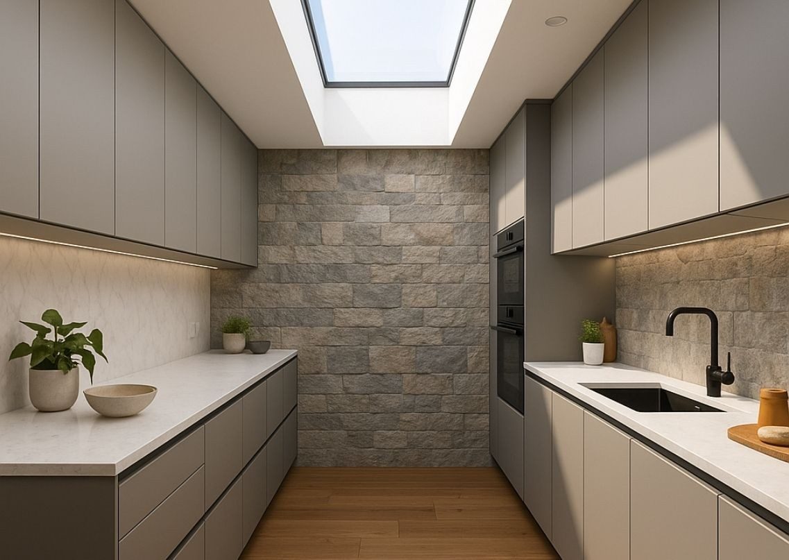 Modern kitchen with grey cabinets and skylight - Beautiful Homes