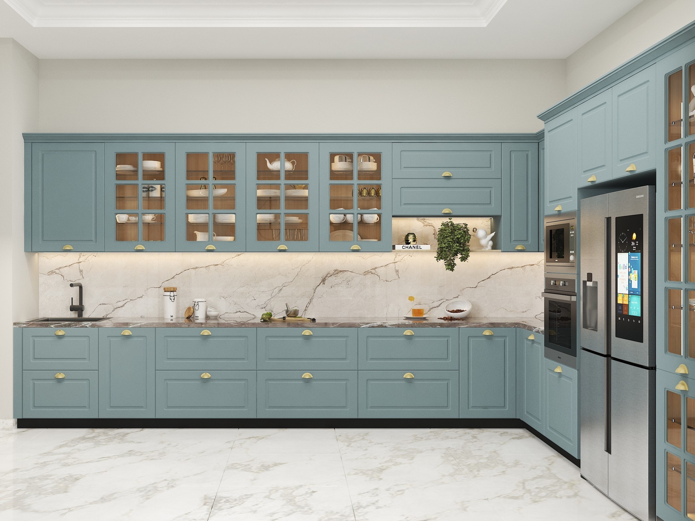 Modern pastel kitchen with marble counters and storage - Beautiful Homes