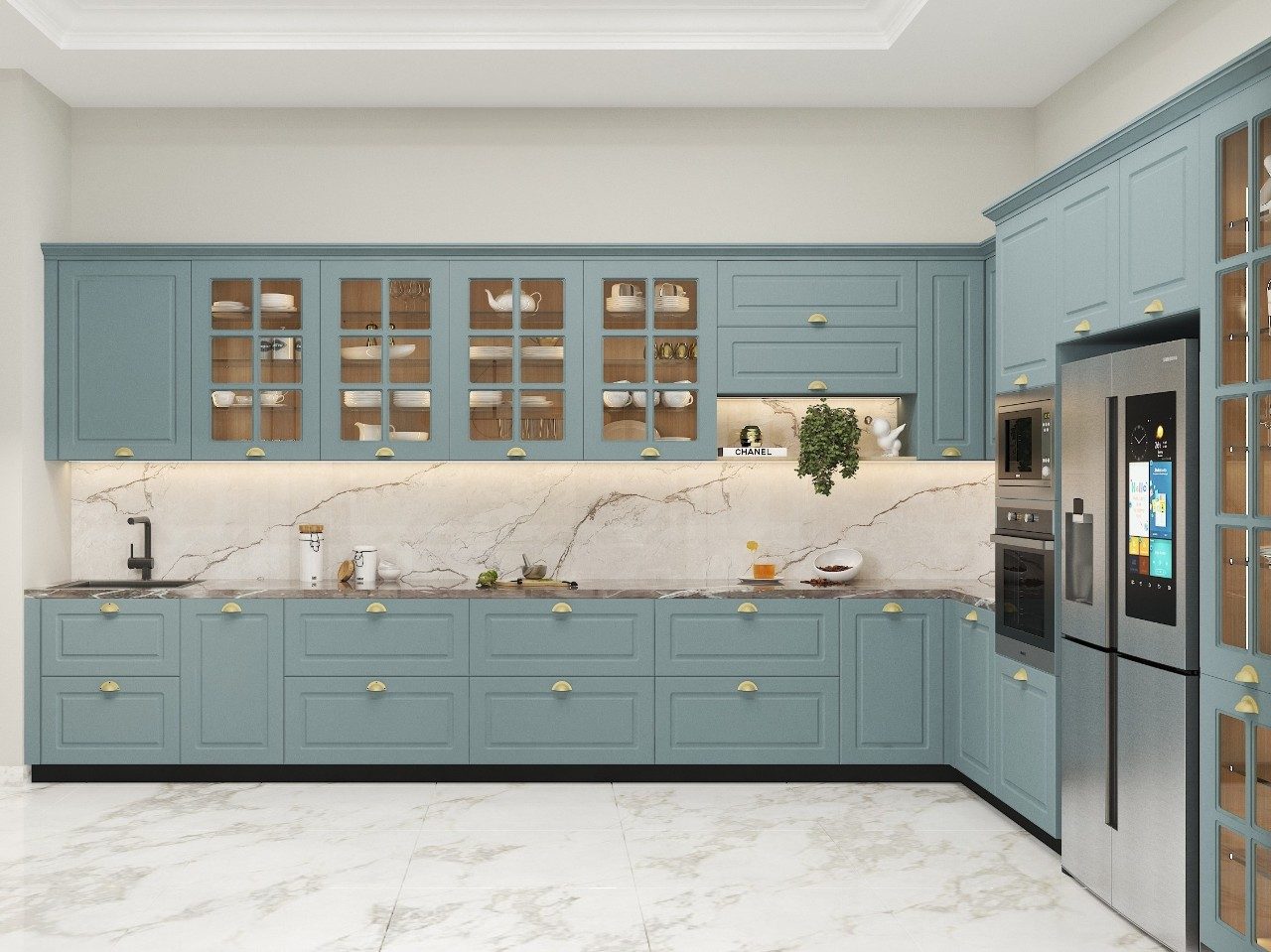 Modern pastel kitchen with marble counters and storage - Beautiful Homes
