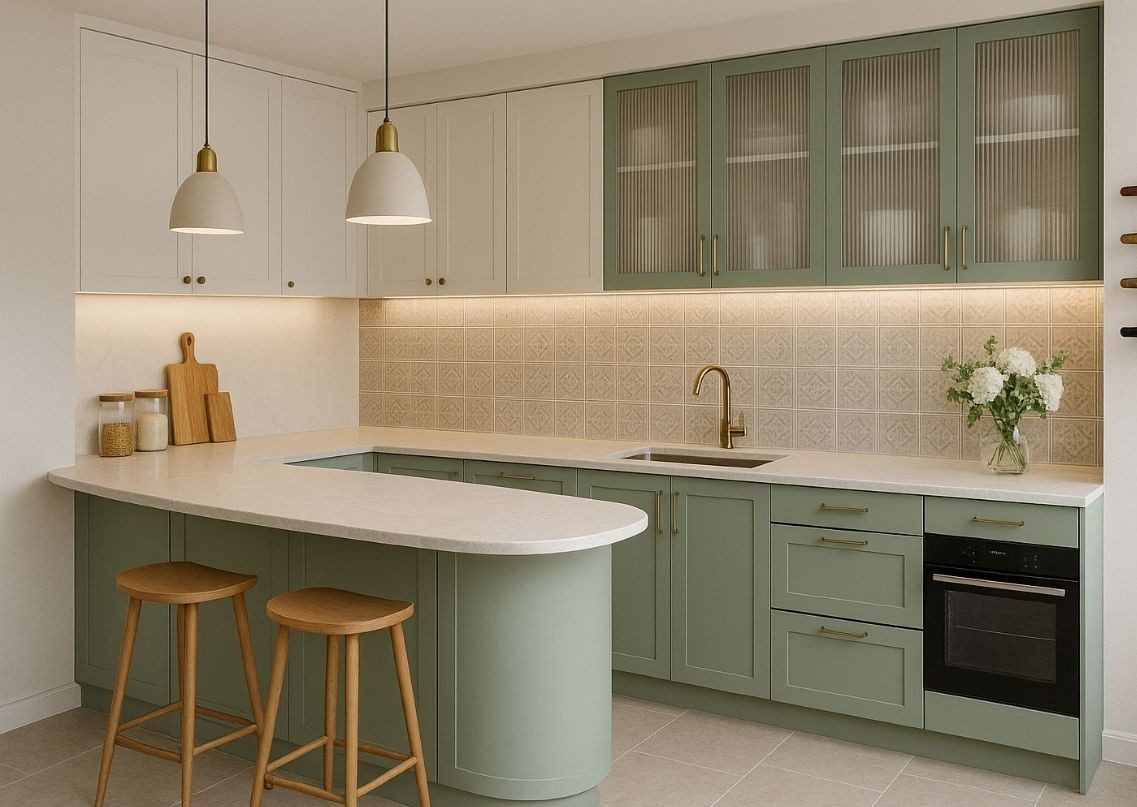 Cozy kitchen with pastel green cabinets and marble top - Beautiful Homes