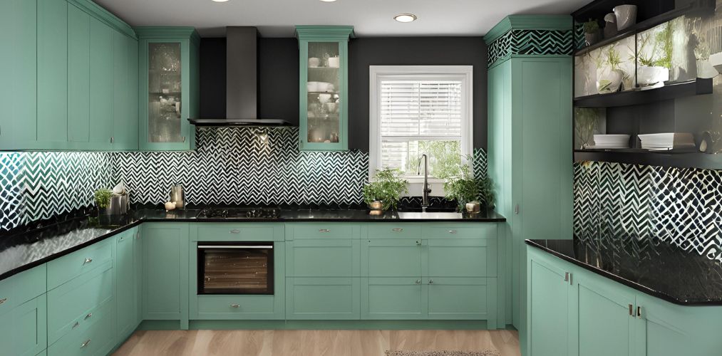 Modern sea green kitchen with black-white chevron backsplash - Beautiful Homes