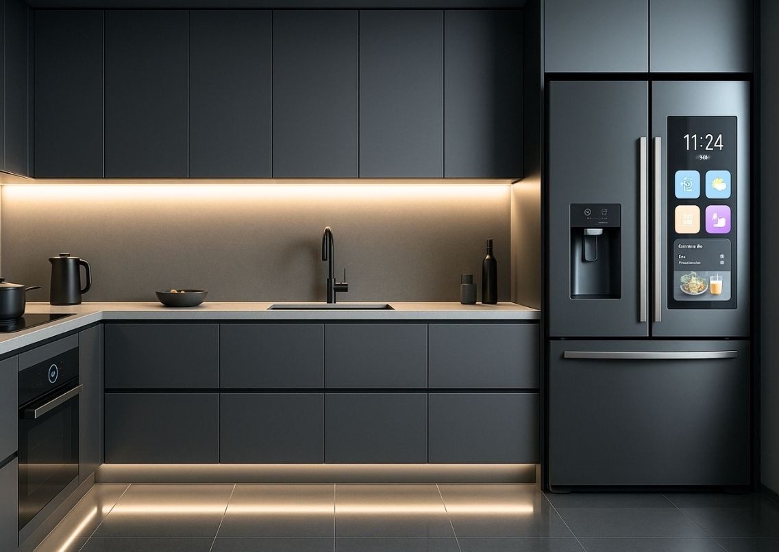Modern grey kitchen with smart refrigerator and lights - Beautiful Homes