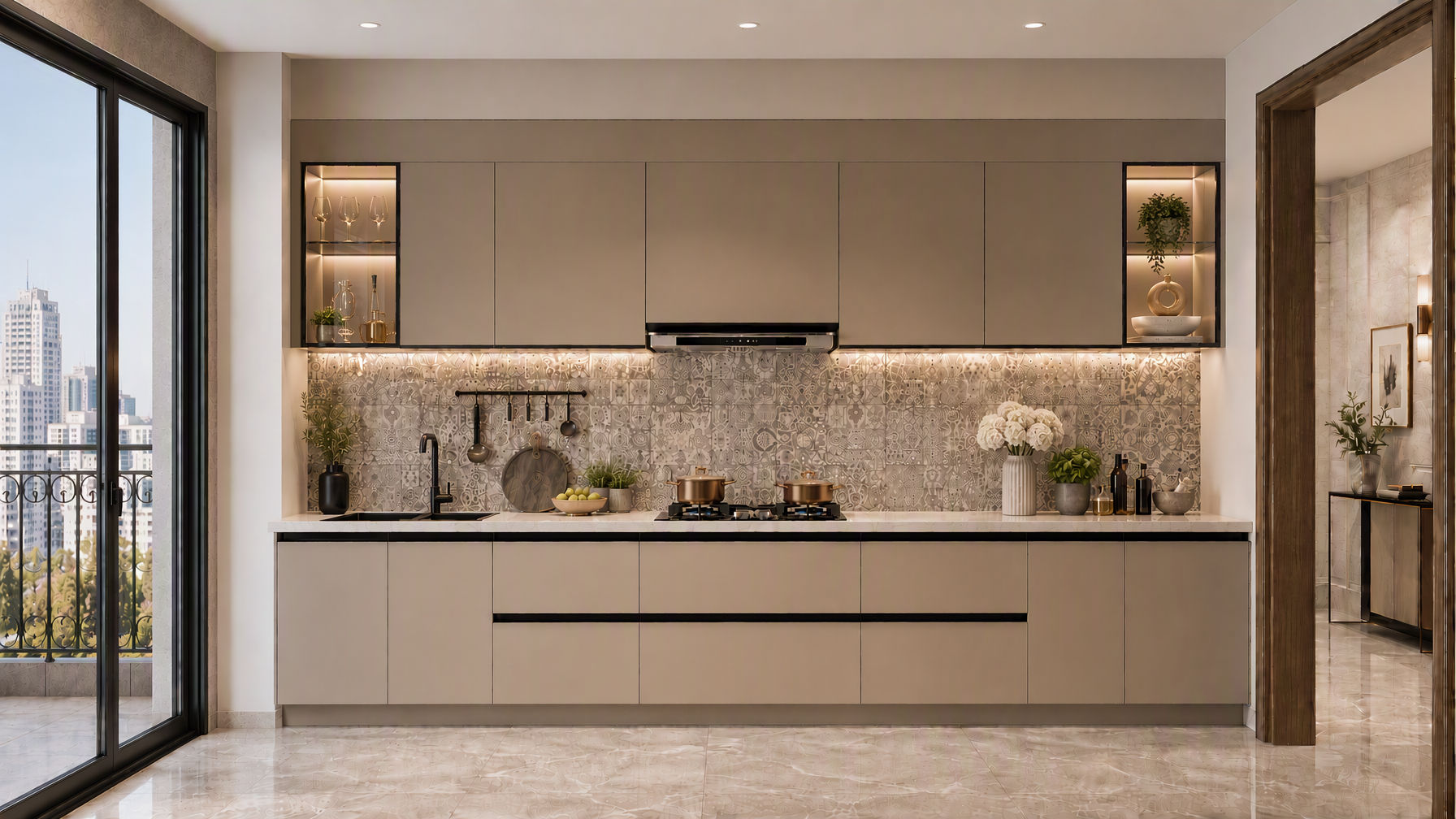Modern kitchen with matte beige handleless cabinets, a white marble countertop and a patterned tile backsplash - Beautiful Homes