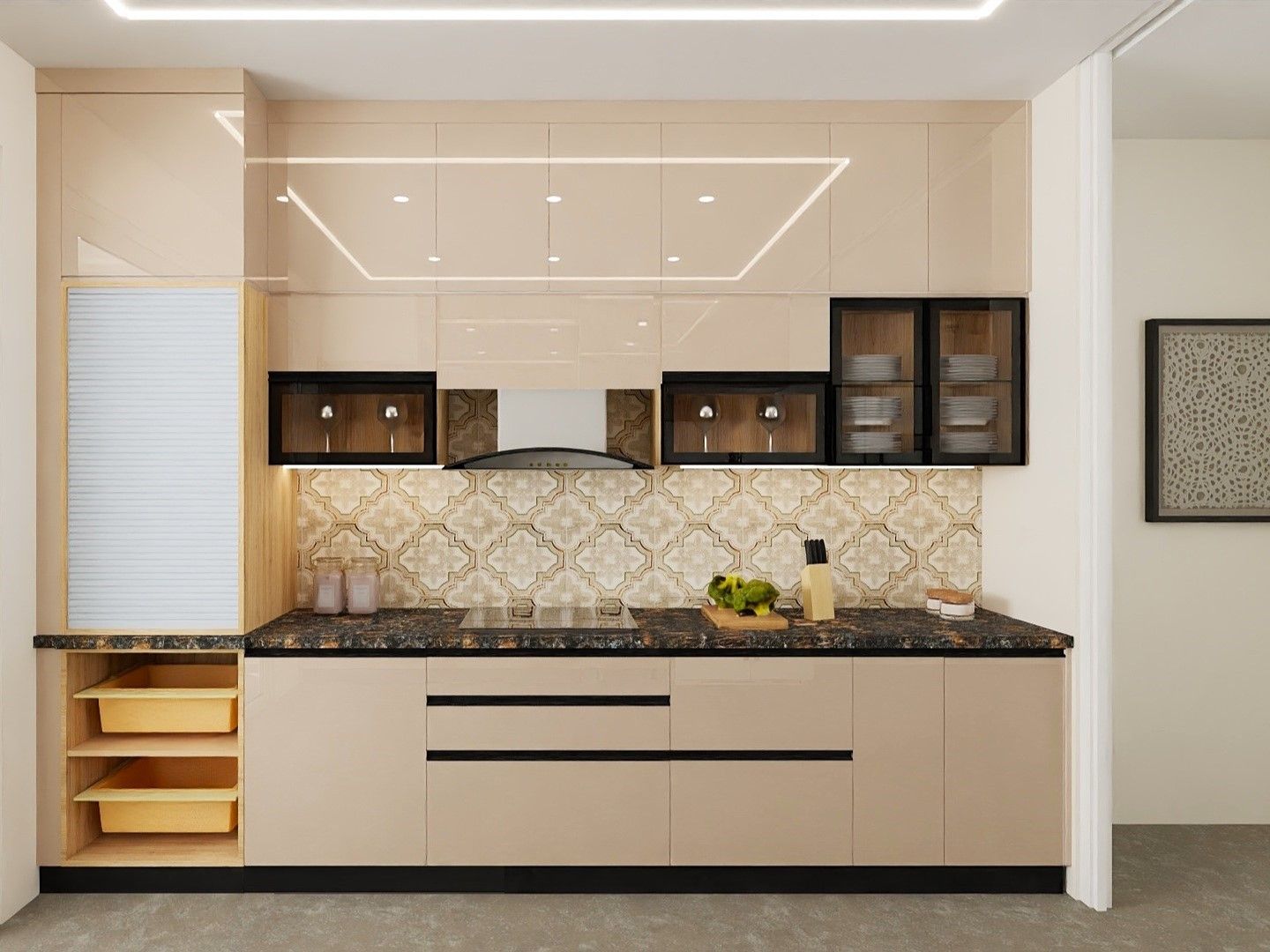 Modern kitchen featuring beige glossy cabinets, patterned backsplash, and dark countertop - Beautiful Homes