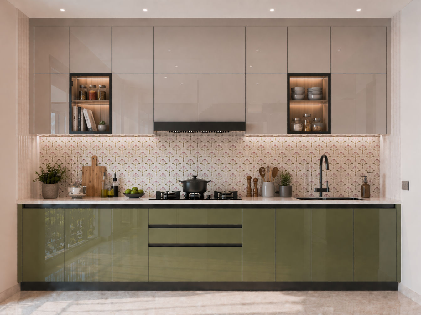 Straight kitchen with glossy olive green lower cabinets, taupe upper cabinets, a white countertop, and floral patterned backsplash - Beautiful Homes