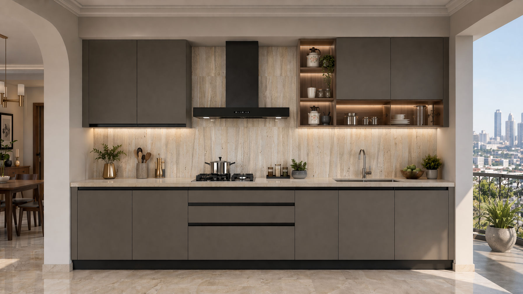 Contemporary kitchen with handleless grey base cabinets, a light stone countertop,and vertical travertine-look backsplash - Beautiful Homes
