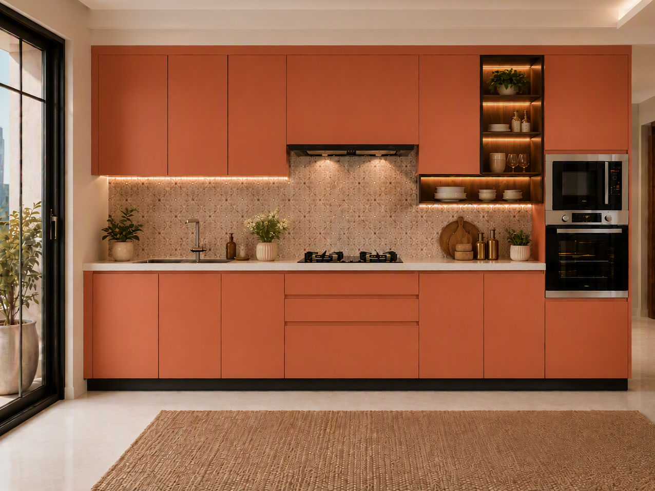 Modern terracotta orange modular kitchen featuring a patterned tile backsplash and illuminated open shelving - Beautiful Homes