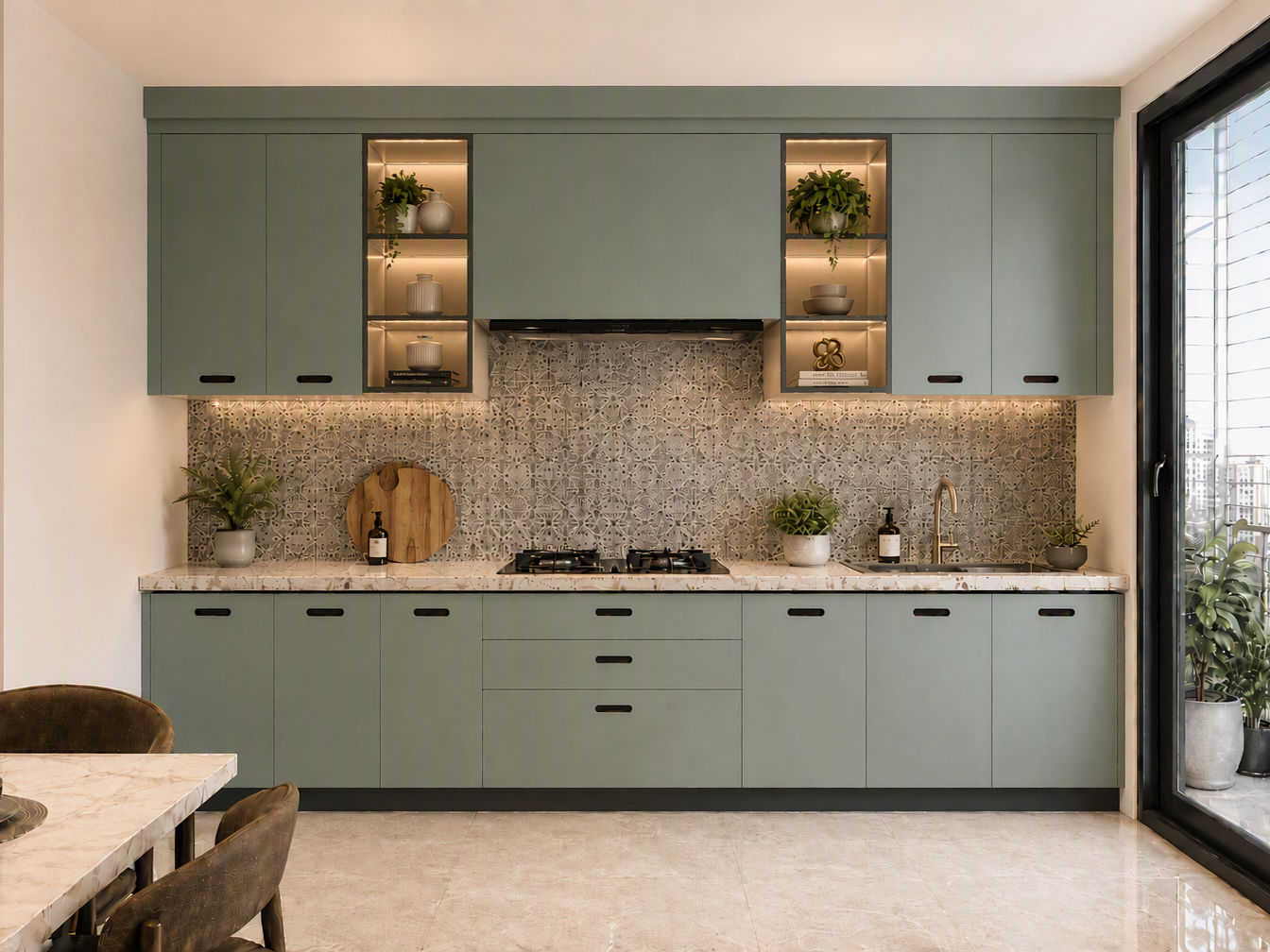 Modern straight sage green modular kitchen featuring illuminated open display shelving and a patterned tile backsplash - Beautiful Homes