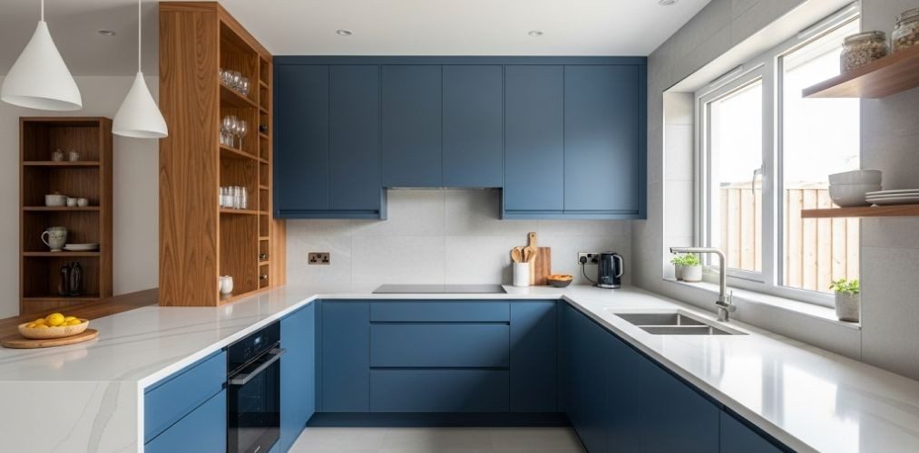 Modern kitchen with blue cabinets and wooden shelves - Beautiful Homes