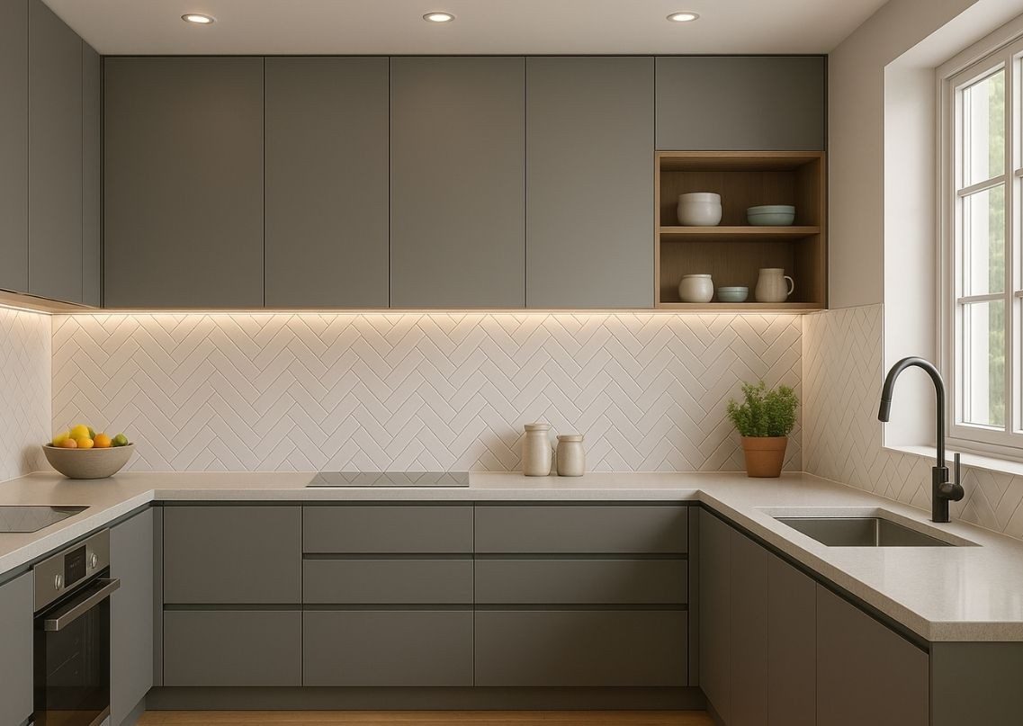 Modern kitchen with grey and wood cabinets - Beautiful Homes