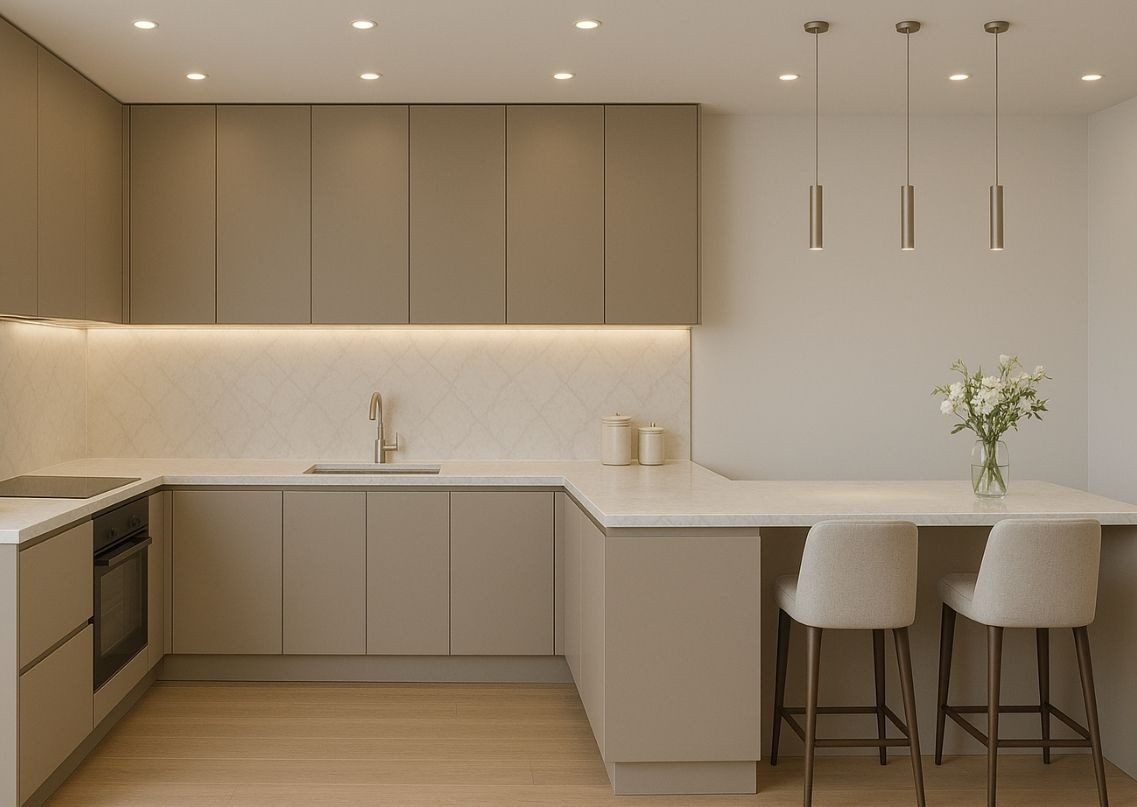 Blue kitchen cabinets with marble island and backsplash - Beautiful Homes