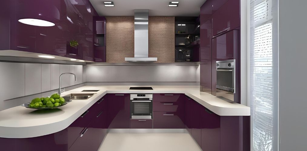 Modern u-shaped kitchen with black current coloured cabinets - Beautiful Homes