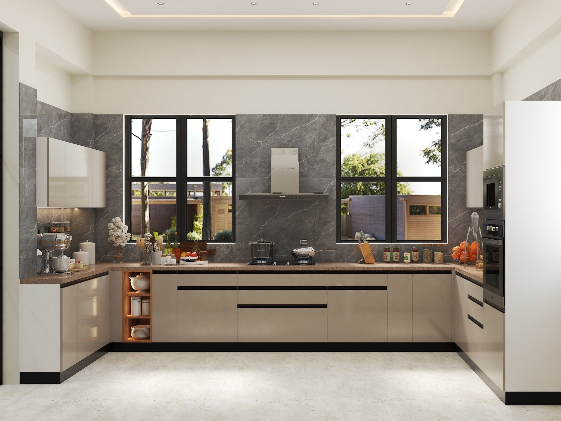 Contemporary U-shaped kitchen featuring glossy cabinets, marble walls, and natural light - Beautiful Homes