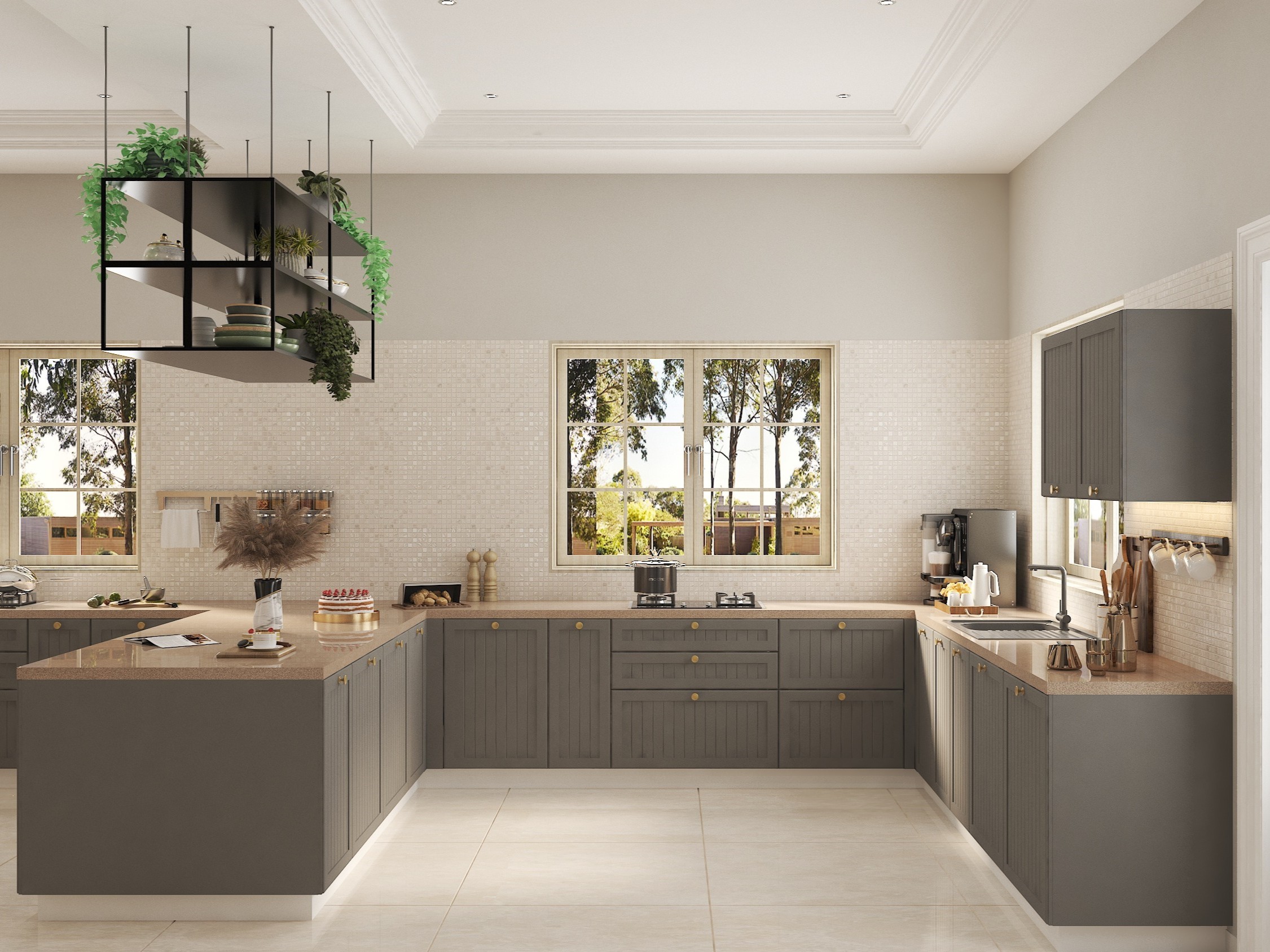 Modern kitchen with grey cabinets and marble island - Beautiful Homes