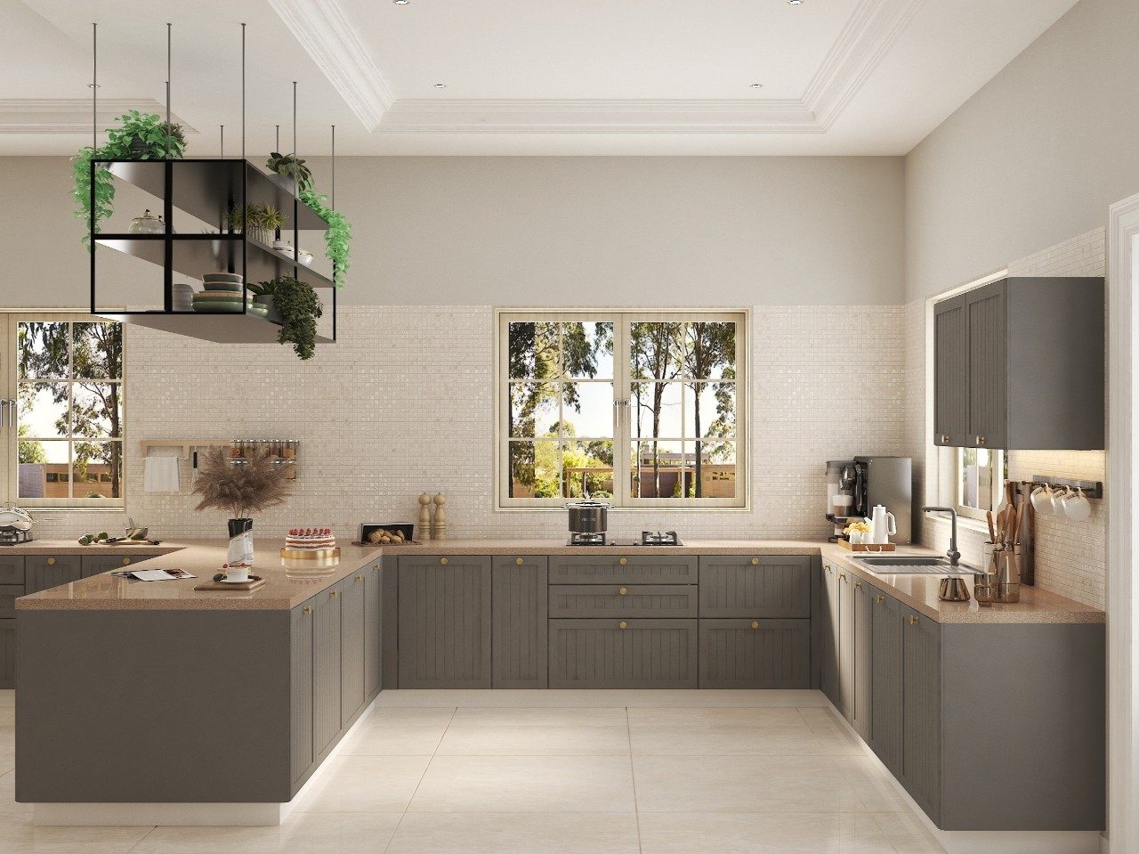 Modern kitchen with grey cabinets and marble island - Beautiful Homes
