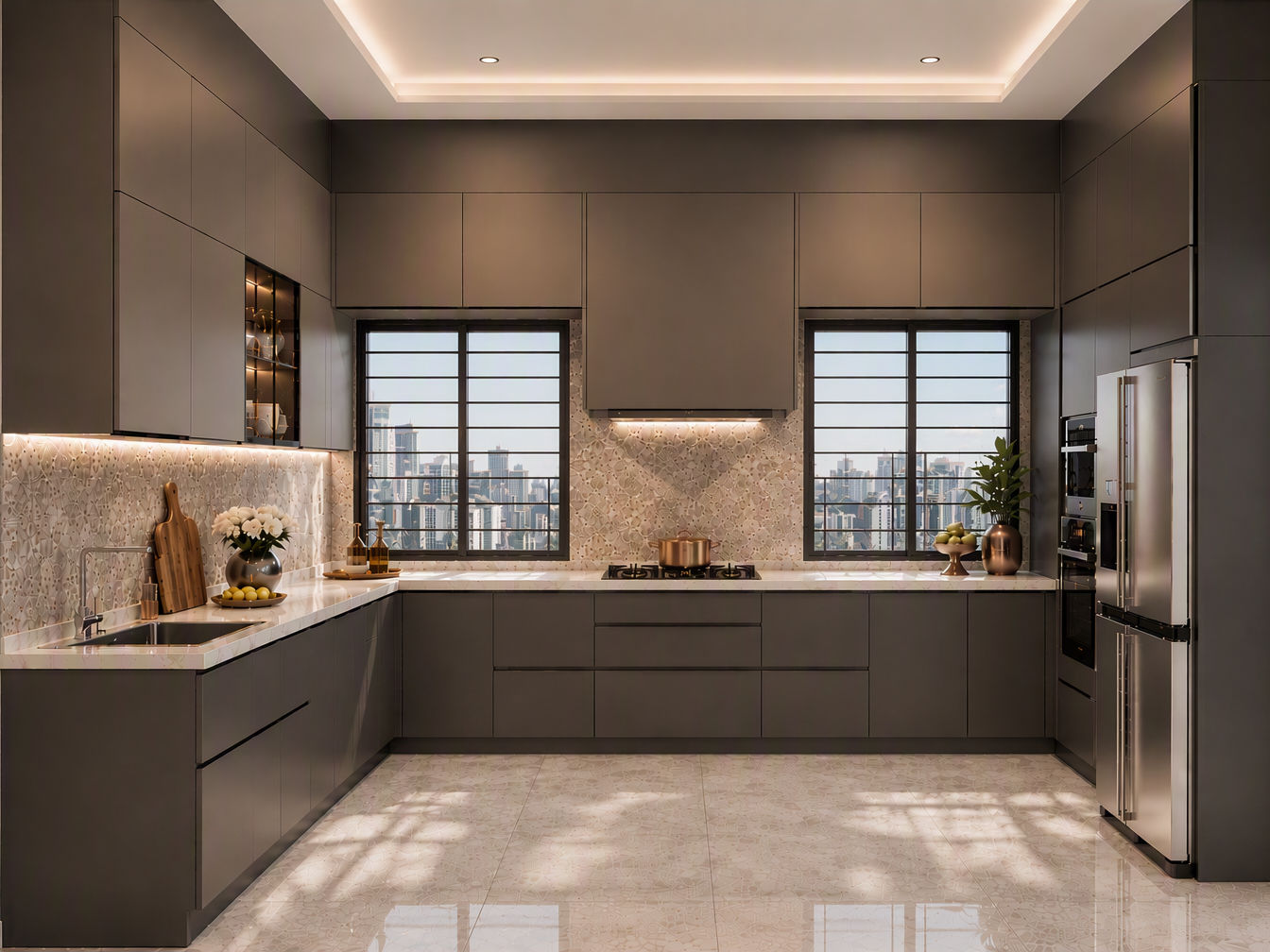 Modern U-shaped charcoal grey modular kitchen with terrazzo stone backsplash and integrated appliances - Beautiful Homes