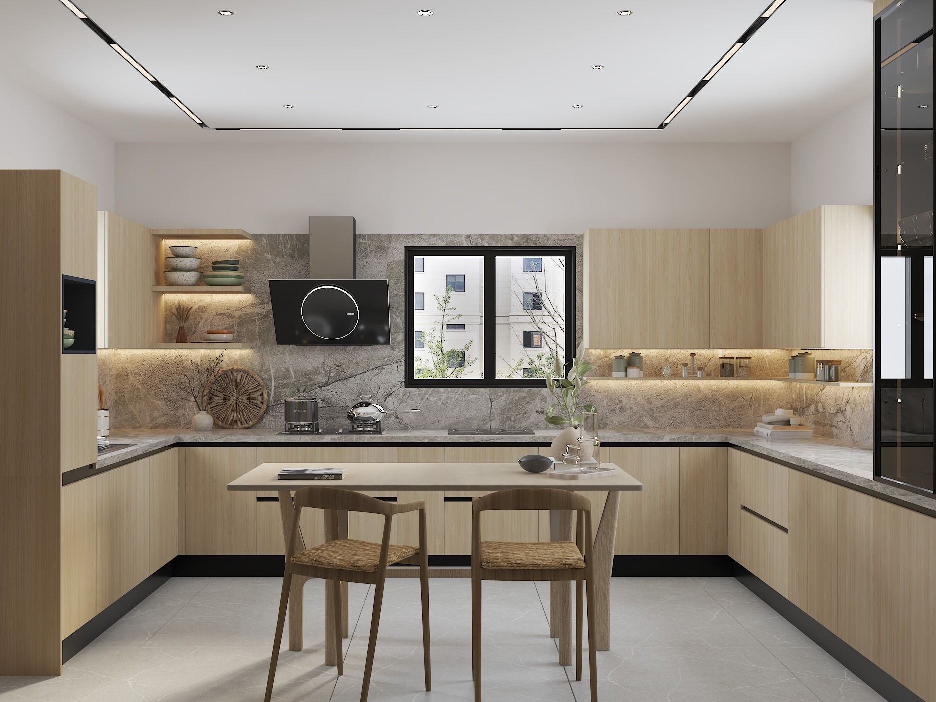 Contemporary U-shaped kitchen with light wood cabinets, marble surfaces, and a dining area - Beautiful Homes